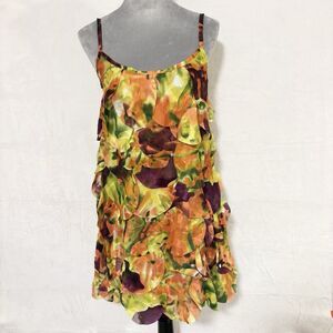 Boho Ruffle Mini Dress Orange Green Floral Abstract Y2K Festival Petite Small